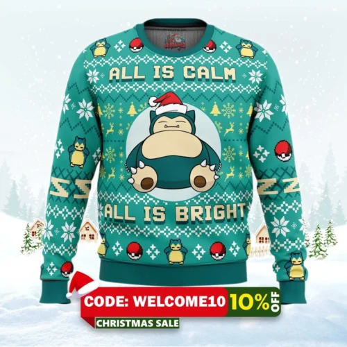 all is calm all bright snorlax pokemon ugly christmas sweater 1