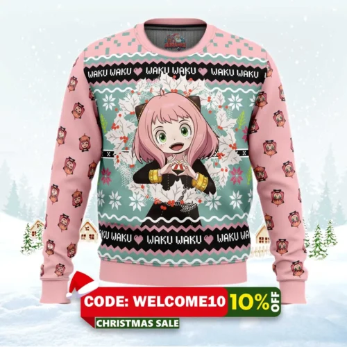 anya forger waku waku spy x family ugly christmas sweater 1