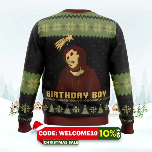 Birthday Boy The Ruined Fresco Of Jesus Ugly Christmas Sweater 1 birthday boy the ruined fresco of jesus ugly christmas sweater 2
