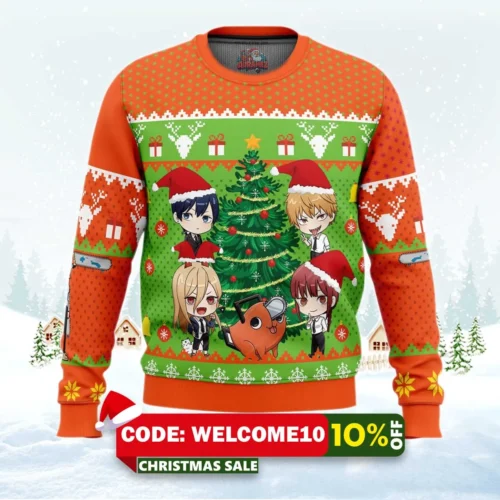chibi chainsaw man ugly christmas sweater 1