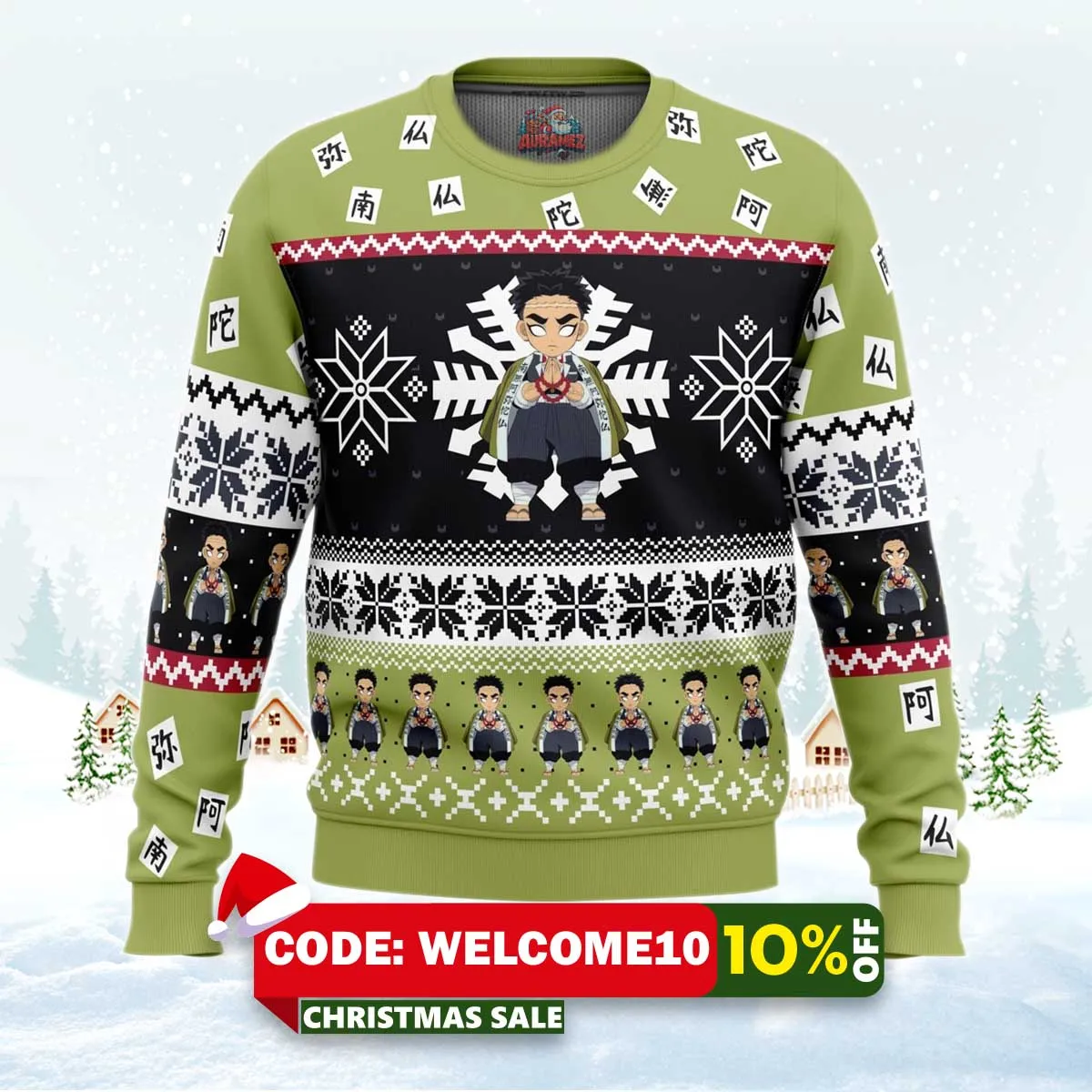 chibi christmas gyomei himejima demon slayer ugly christmas sweater 1 chibi christmas gyomei himejima demon slayer ugly christmas sweater 1