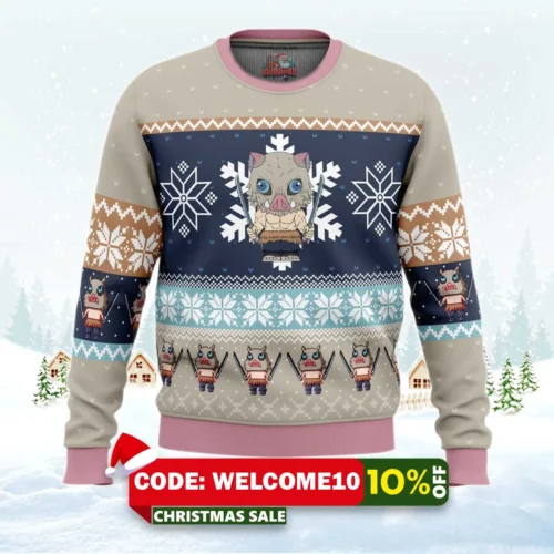 chibi christmas inosuke hashibira ugly christmas sweater 1