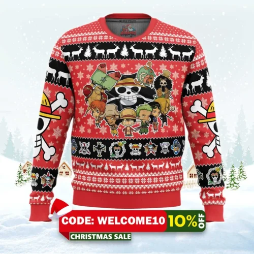 chibi straw hat pirates one piece ugly christmas sweater 1