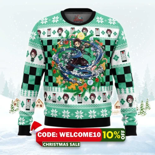 christmas tanjiro kamado demon slayer ugly christmas sweater 1