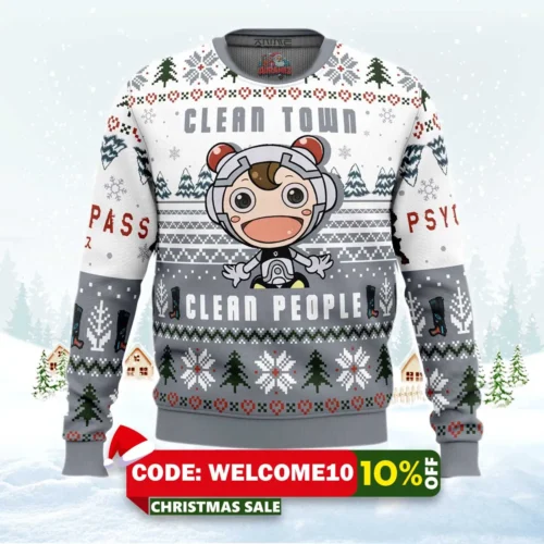clean town clean people psycho pass ugly christmas sweater 1