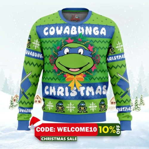 cowabunga leonardo christmas teenage mutant ninja turtles ugly christmas sweater 1