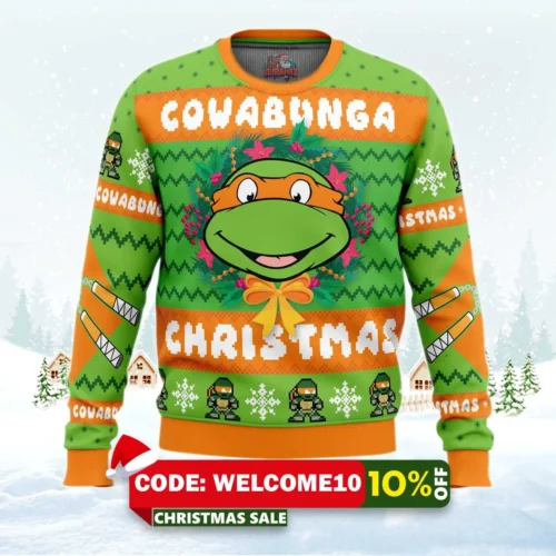 cowabunga michaelangelo christmas teenage mutant ninja turtles ugly christmas sweater 1