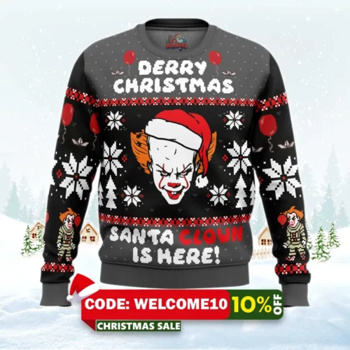 derry christmas pennywise the clown ugly christmas sweater 1