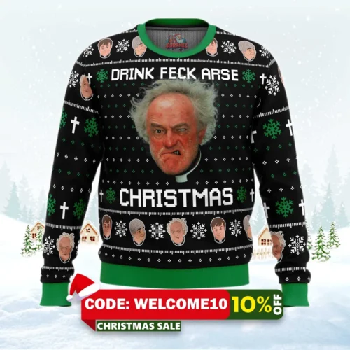 drink feck arse father ted ugly christmas sweater 1