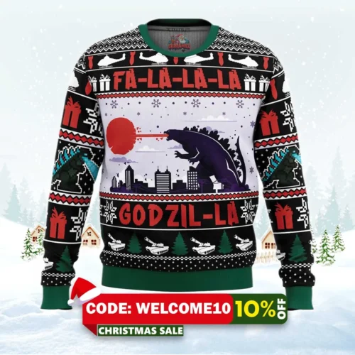 falalala godzil la godzilla ugly christmas sweater 1