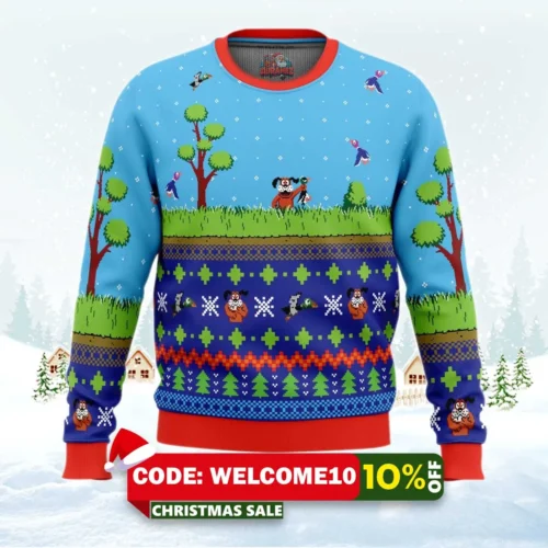 festive duck hunt ugly christmas sweater 1