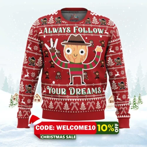 follow your dreams nightmare on elm street ugly christmas sweater 1