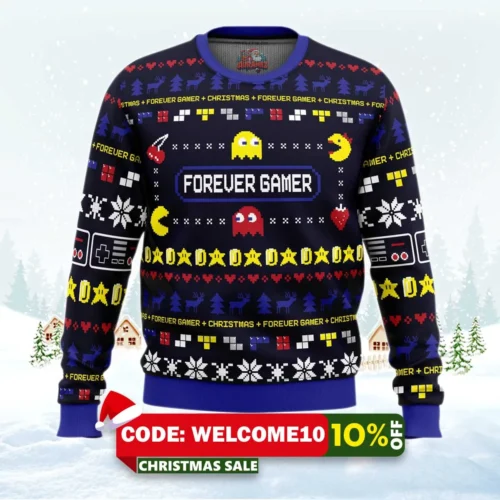 forever gamer christmas pac man ugly christmas sweater 1