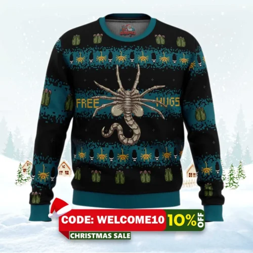 free hugs alien facehugger ugly christmas sweater 1