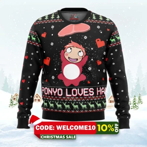 ghibli ponyo loves ham ugly christmas sweater 1