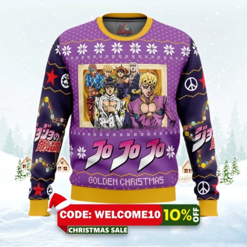 golden christmas jojo's bizarre adventure ugly christmas sweater 1