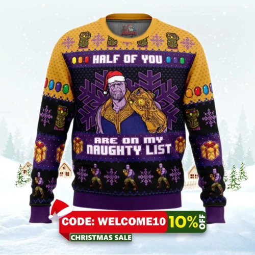 half of you are on the naughty list thanos marvel ugly christmas sweater 1
