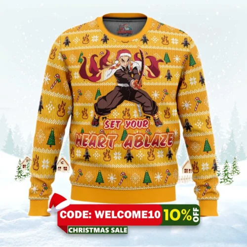 heart ablaze rengoku demon slayer christmas sweater 1