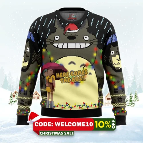 here comes the bus my neighbor totoro ugly christmas sweater 1