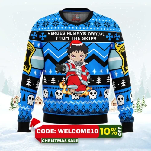 heroes always arrive fire force ugly christmas sweater 1