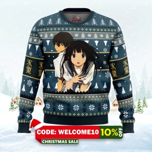 houtarou and eru hyouka ugly christmas sweater 1