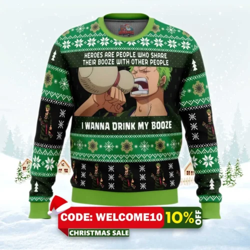 i wanna drink my booze zoro one piece ugly christmas sweater 1