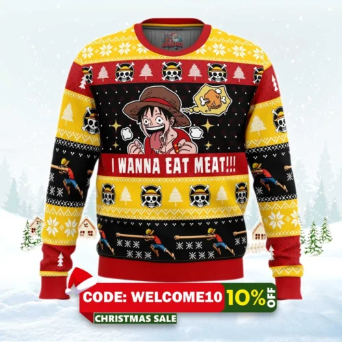 i want to eat meat luffy one piece ugly christmas sweater 1