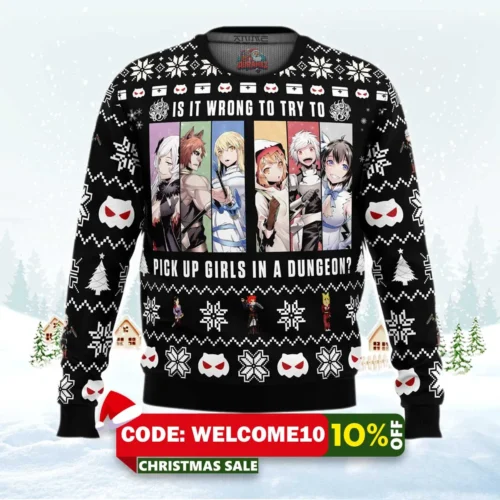 is it wrong to try to pick up girls danmachi ugly christmas sweater 1