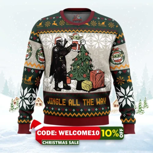 jingle all the way mandalorian star wars ugly christmas sweater 1