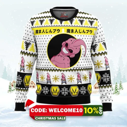 kid buu face dragon ball z ugly christmas sweater 1