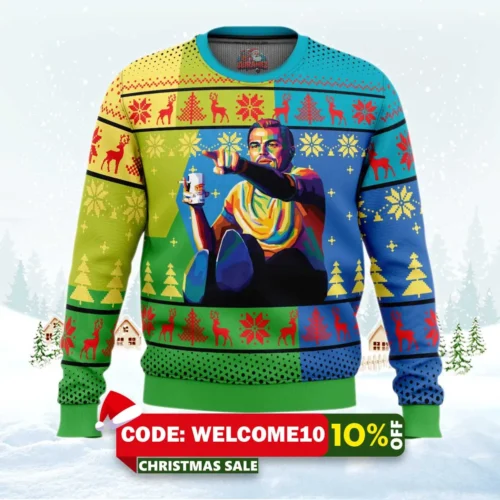 leo pointing ugly christmas sweater 1