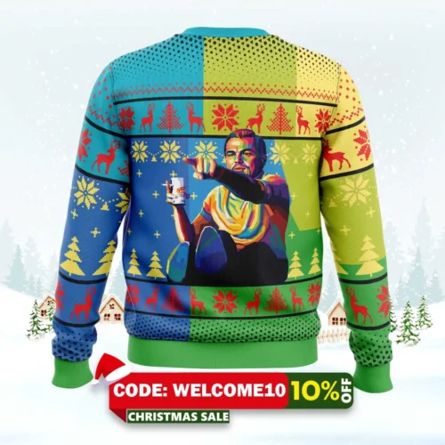 leo pointing ugly christmas sweater 2