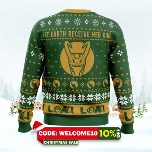 let earth receive her king loki marvel ugly christmas sweater 2