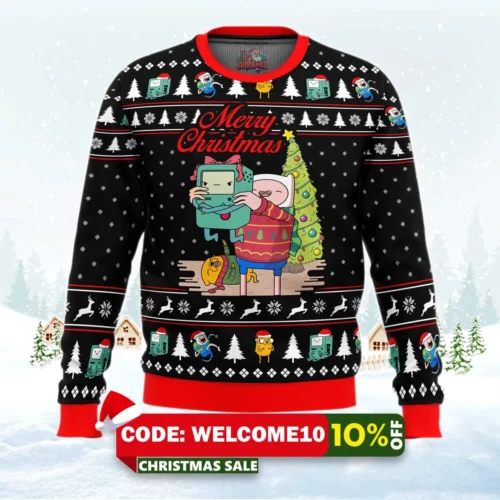 merry christmas bmo finn aventure time ugly christmas sweater 1