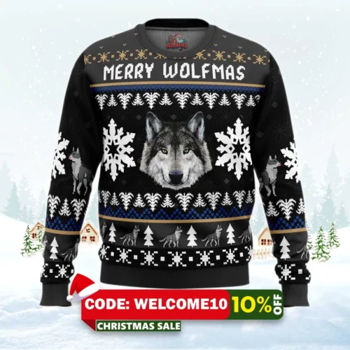 merry wolfmas wolf ugly christmas sweater 1