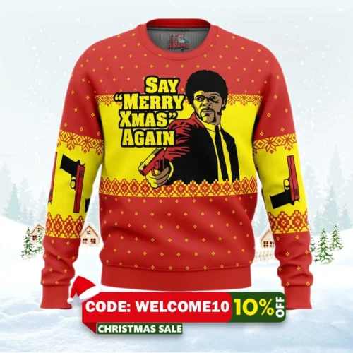 merry xmas again pulp fiction ugly christmas sweater 1