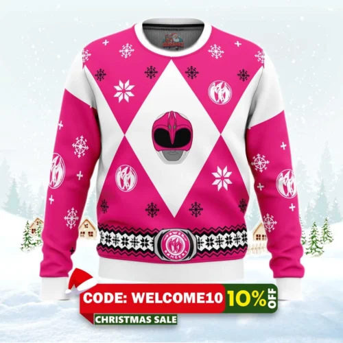 mighty morphin power rangers pink ugly christmas sweater 1