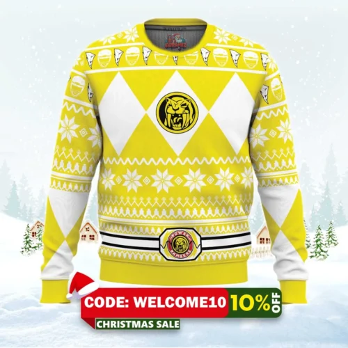 mighty morphin yellow ranger ugly christmas sweater 1