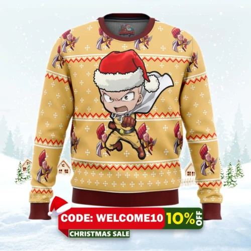 one punch chibi saitama ugly christmas sweater 1