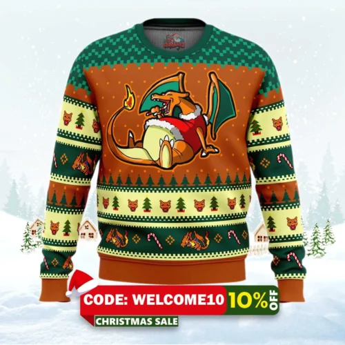 pokemon eating candy cane charizard ugly christmas sweater 1