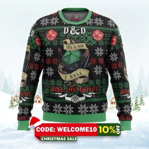 roll initiative dungeons & dragons ugly christmas sweater 1