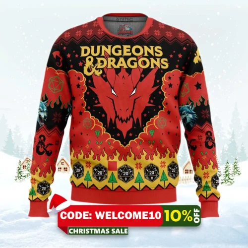 ruby dragon dungeons and dragons ugly christmas sweater 1