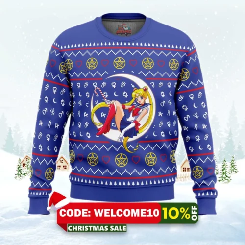 sailor moon sitting on moon ugly christmas sweater 1
