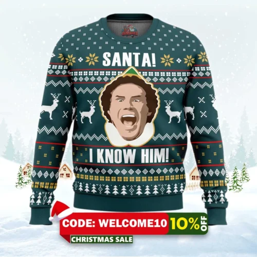 santa i know him elf ugly christmas sweater 1