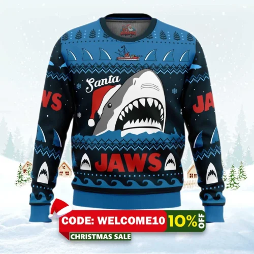 santa jaws jaws ugly christmas sweater 1
