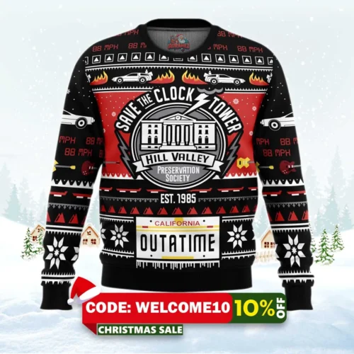 save the clock tower back to the future ugly christmas sweater 1