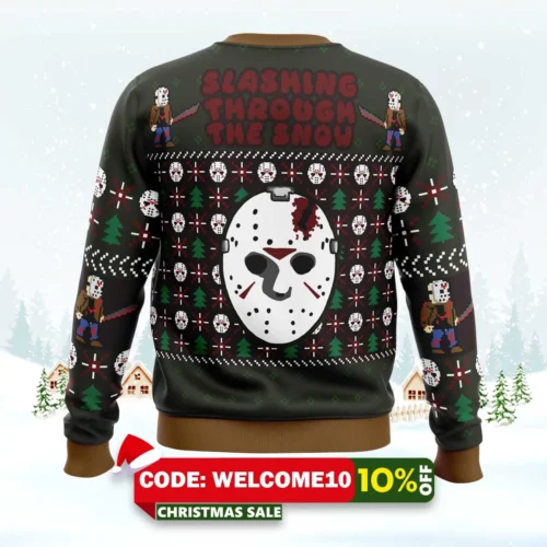 Slashing Through The Snow Jason Voorhees Ugly Christmas Sweater 1 slashing through the snow jason voorhees ugly christmas sweater 2
