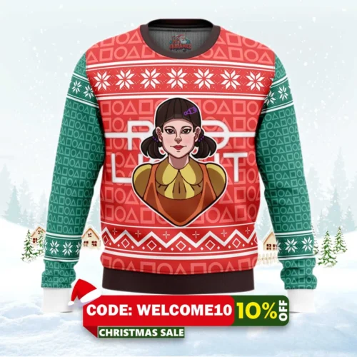 squid game red light green light doll ugly christmas sweater 1