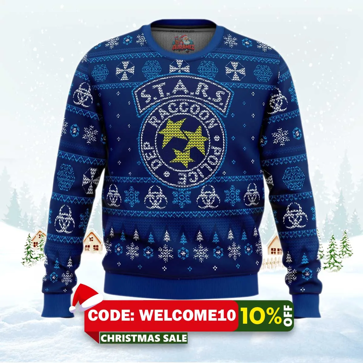 stars racoon city police resident evil ugly christmas sweater 1 stars racoon city police resident evil ugly christmas sweater 1