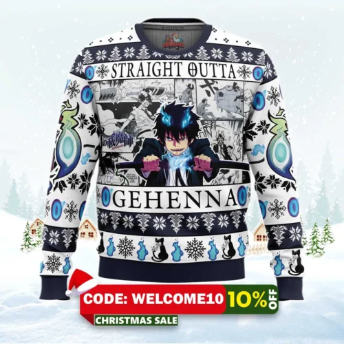 straight outta gehenna blue exorcist ugly christmas sweater 1